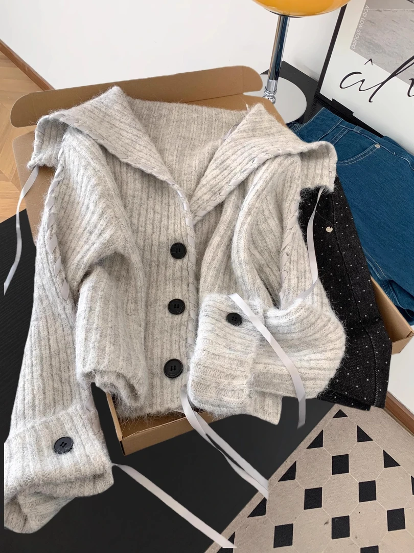 韩系慵懒风设计感飘带大翻领毛衣女秋冬时尚气质软糯针织开衫外套