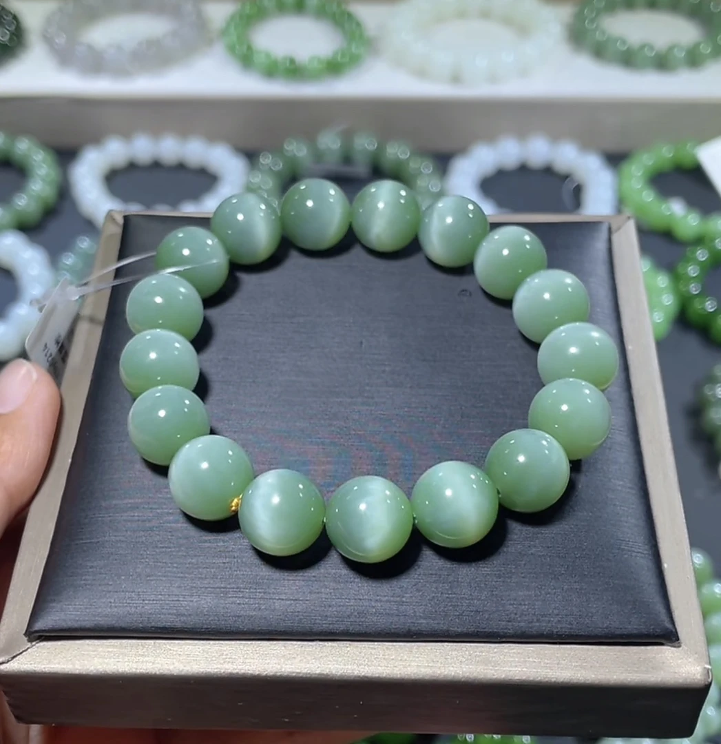 【藏品级】天然和田玉俄罗斯碧玉粉青猫眼一线猫无暇手串约12mm