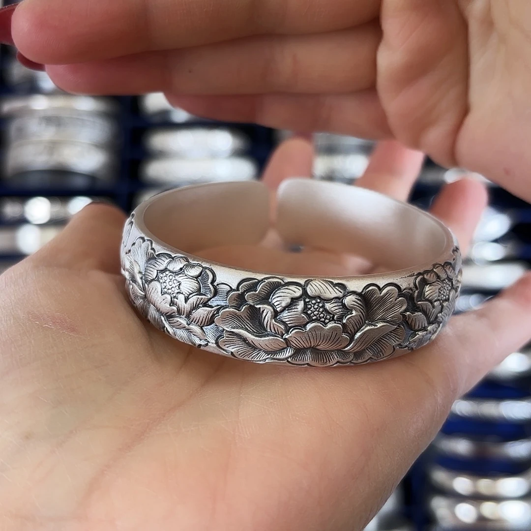 足银牡丹银手镯104克