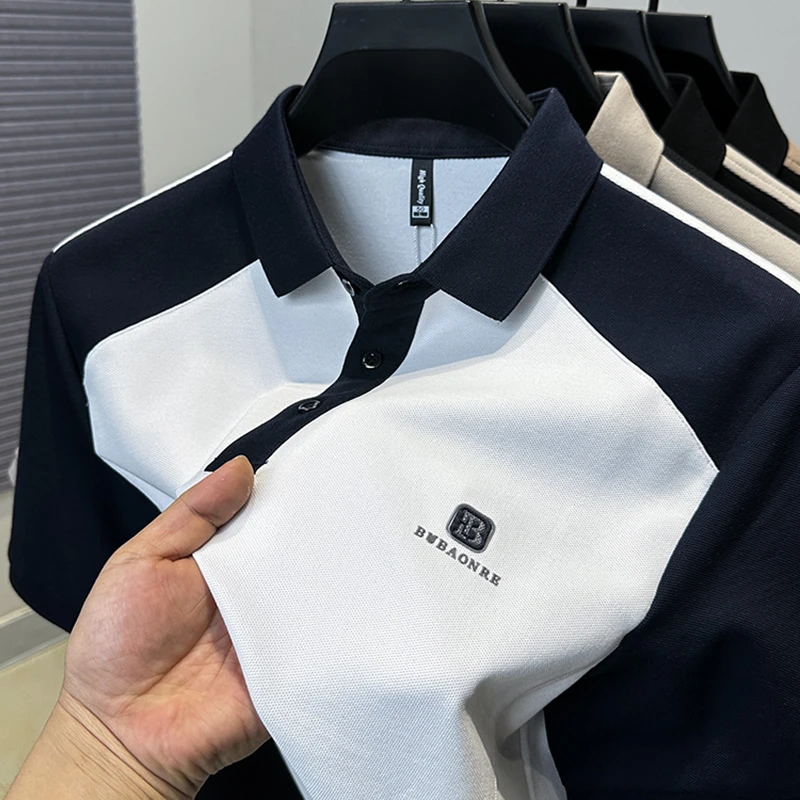 VIATEMSIARY潮牌拼接撞色男士冰丝短袖t恤轻商务烫印保罗Polo衫夏