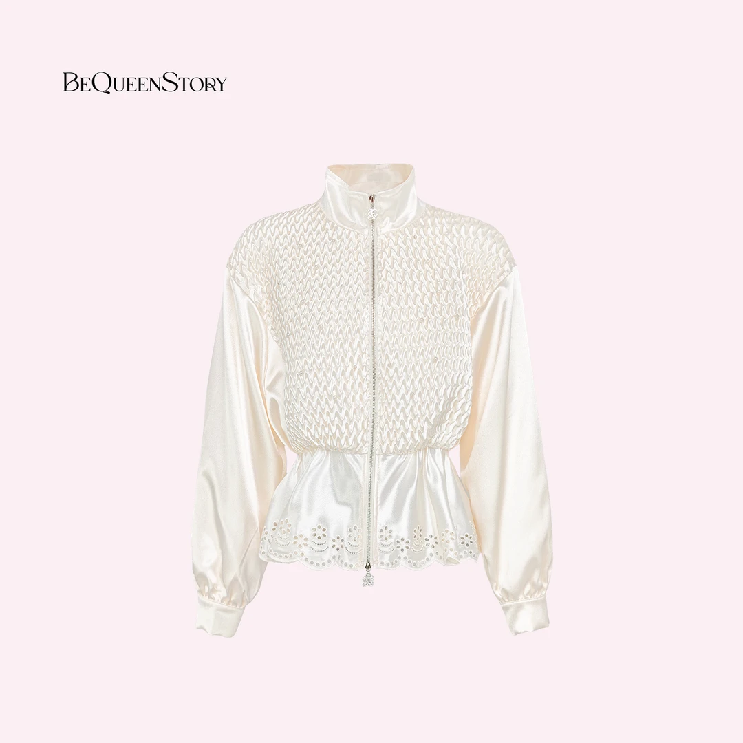 余潇潇【时光独白】时尚百搭松弛感绣花立领压褶外套精致显气质