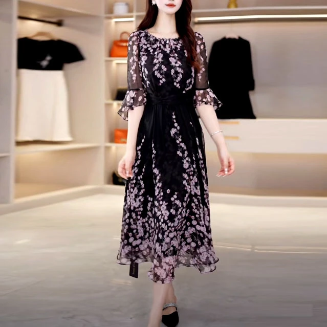 高级冰丽丝时尚优雅碎花连衣裙2025夏季新款气质修身减龄中袖裙子