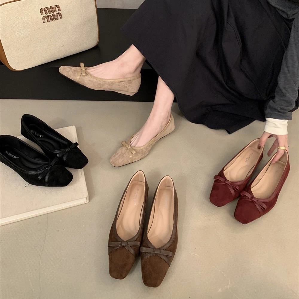 法式复古方头单鞋女蝴蝶结玛丽珍鞋秋季平底软妹小皮鞋仙女风瓢鞋