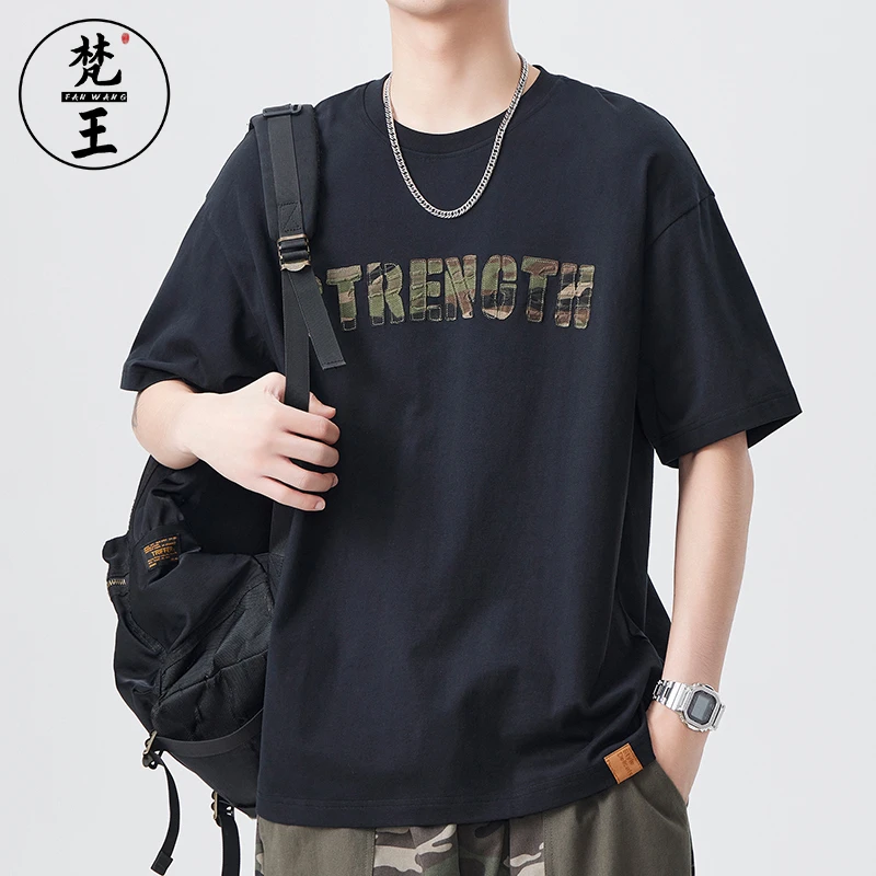 FANWANG/梵王夏季黑色T恤短袖薄款透气字母舒适时尚休闲男士上衣