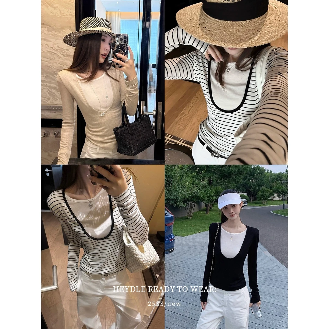 柏林初秋*复古拼色假两件T恤女秋季新款设计感圆领修身打底衫上衣