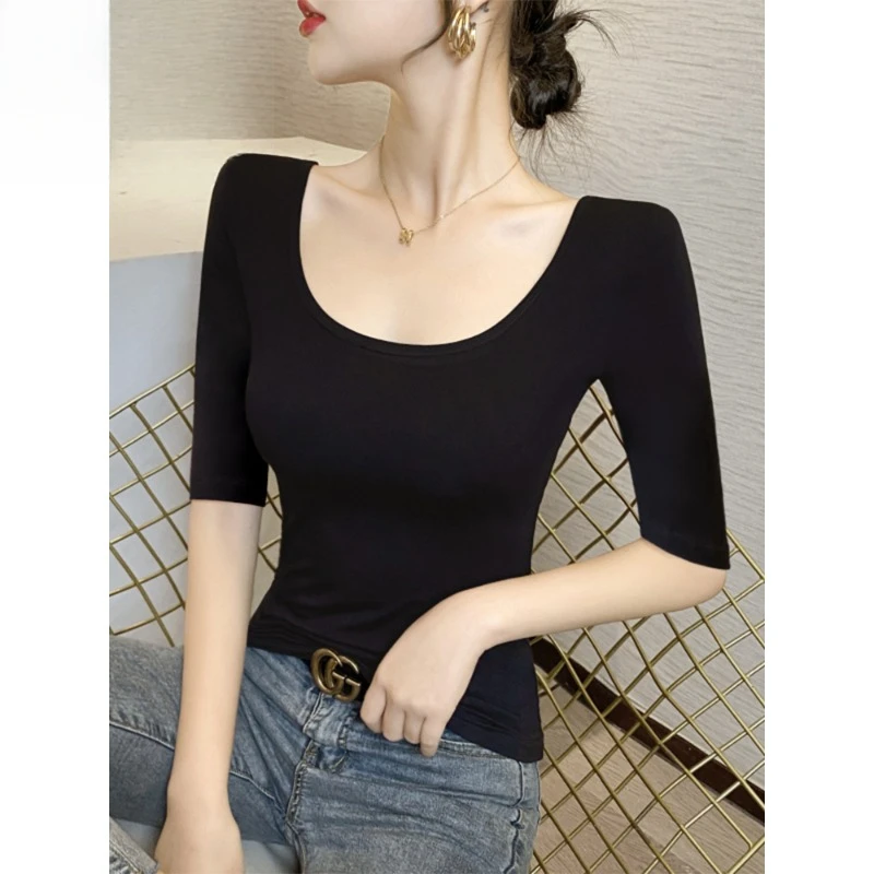 浪莎黑色莫代尔中袖t恤女短袖春夏季薄款低领修身五分袖内搭上衣T