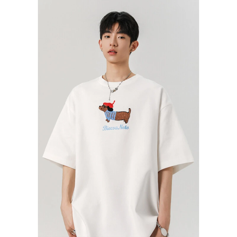 美式腊肠狗刺绣短袖t恤男2025夏季新款潮牌宽松百搭重磅半袖体恤