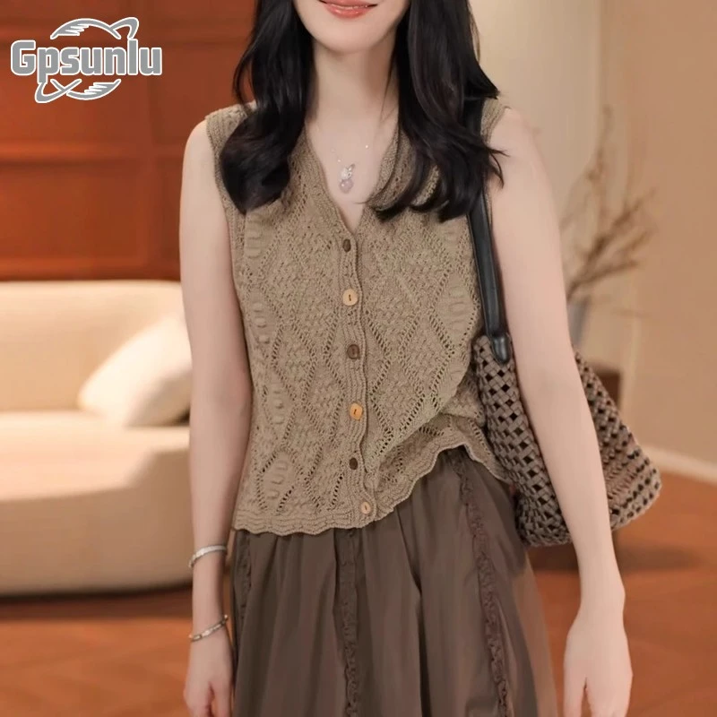 gpsunlu大尺码时尚菱形格镂空无袖针织背心女夏季显瘦外穿领上衣