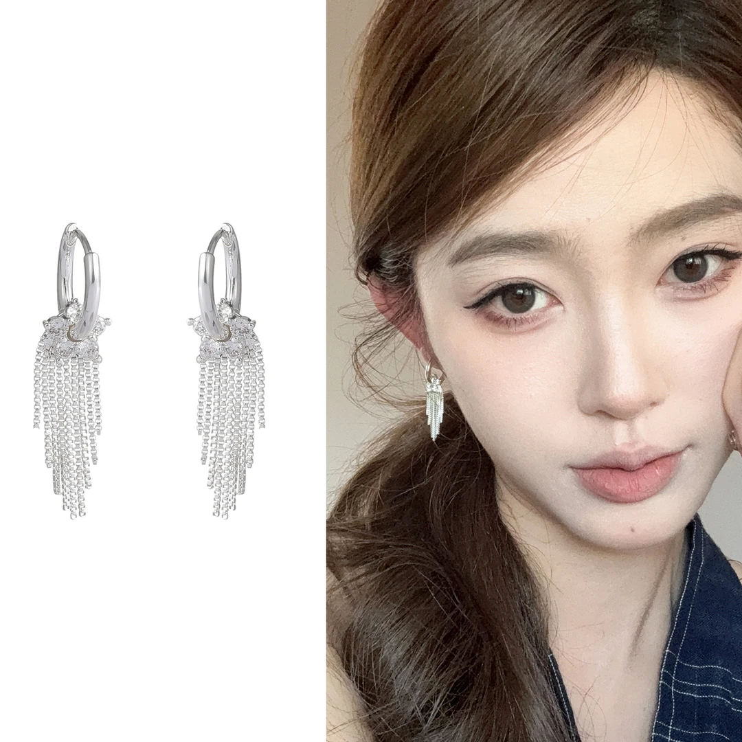 oushipei/欧诗佩 铜合金合成锆石耳饰 超闪镶钻花朵链条流苏耳环