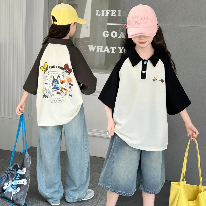女童短袖套装夏装2025新款儿童牛仔中裤翻领上衣女孩POLO衫女大童