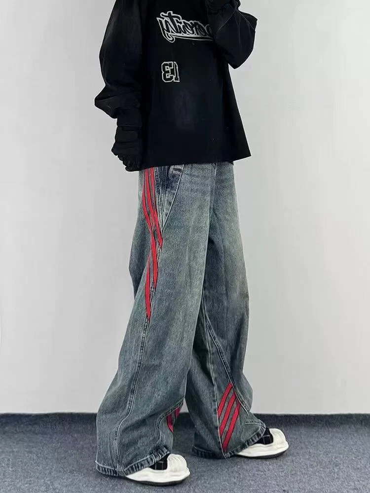 【N117】美式潮流撞色设计感水洗做旧直筒牛仔裤~半松紧腰