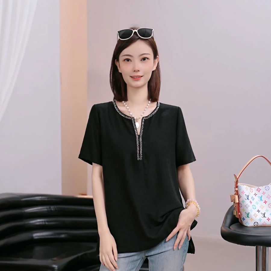 ColorArea/色域夏季重工提花刺绣宽松显瘦百搭减龄圆领时尚上衣