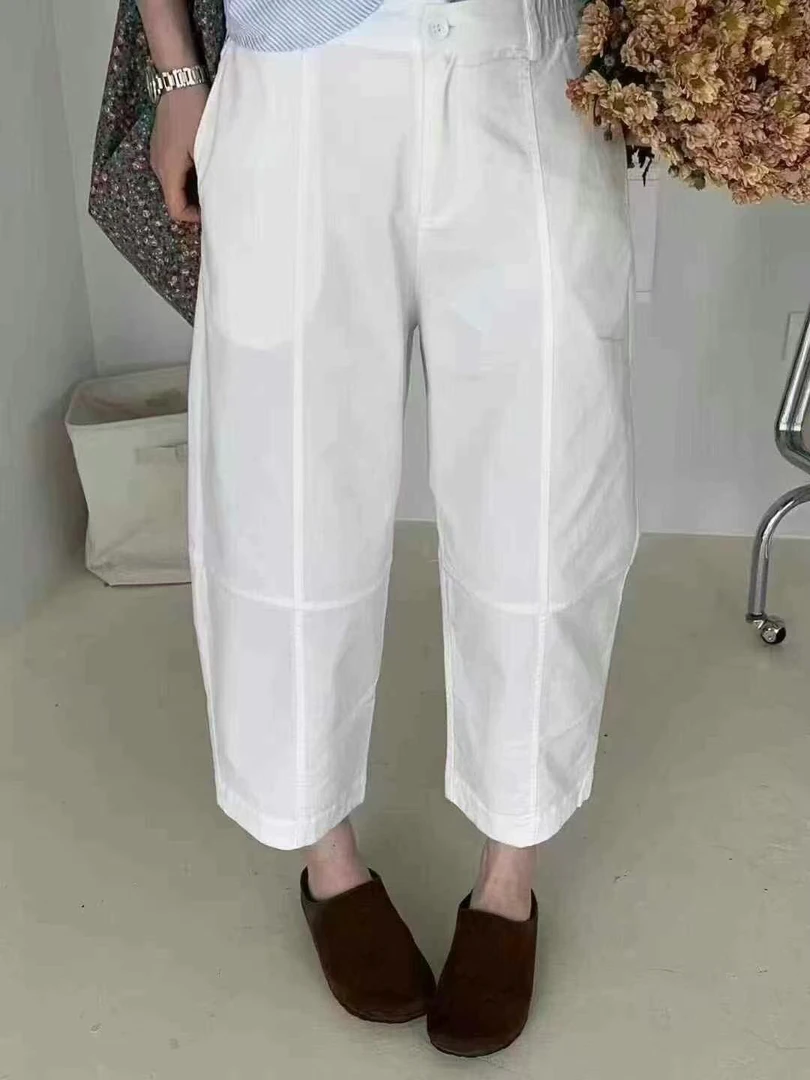 夏季高腰薄款切割直筒宽松休闲九分裤女百搭白色简约