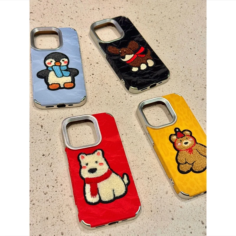 雪山纹绒布刺绣小狗适用iPhone16/1514手机壳12苹果13/11防摔保护