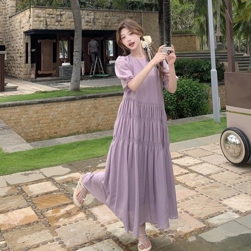 紫色法式温柔甜美度假风连衣裙女设计感宽松2025夏季新款过膝长裙