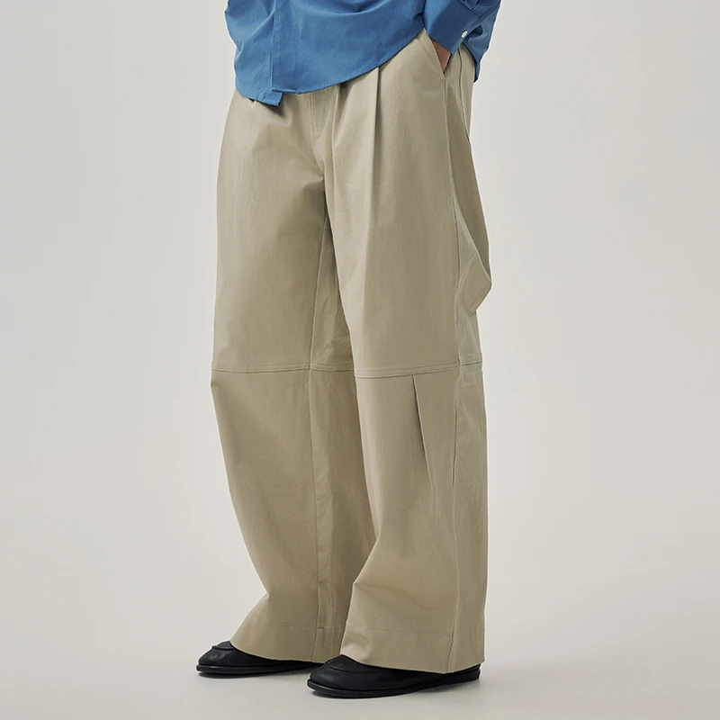 WHIMNOTION25SS缎面多褶位宽松直筒长裤男时尚百搭阔腿休闲裤男生