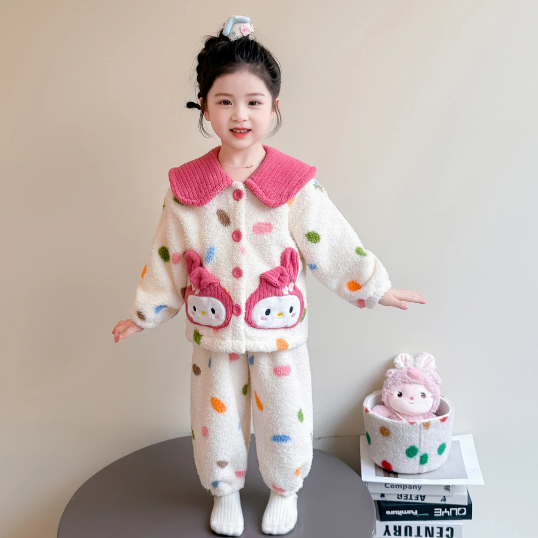 女童秋冬珊瑚绒睡衣套装2025新款女宝宝加厚法兰绒儿童冬款家居服