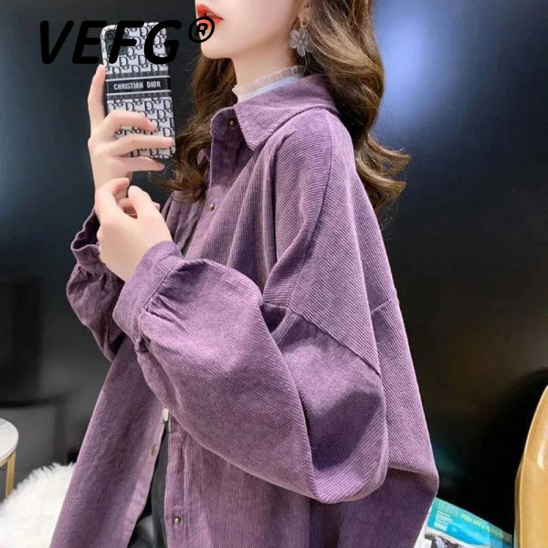 VEFG秋季灯芯绒衬衫夹克女2025秋季新款宽松大码衬衫开衫中长上衣