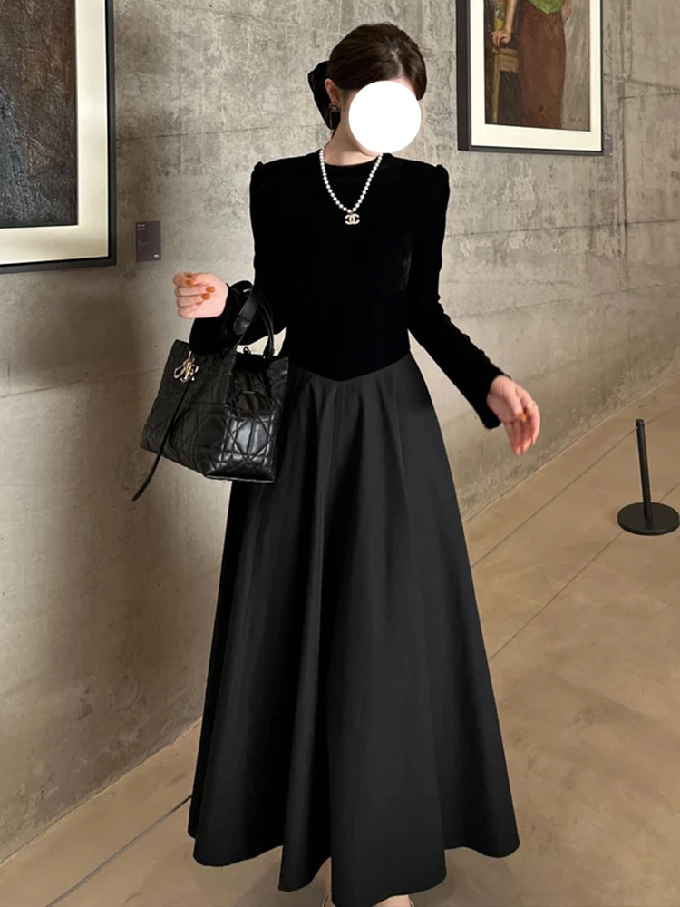 法式赫本风黑色时尚高级感连衣裙女秋季新款气质收腰女神范长裙子