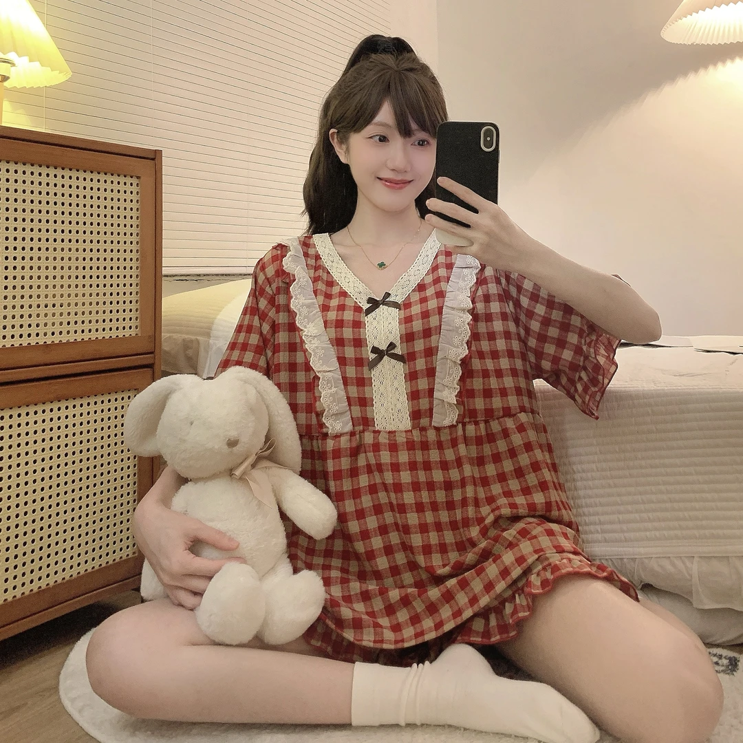ins大码红格子睡衣女2025新款夏季薄款260斤宽松薄款家居服韩版