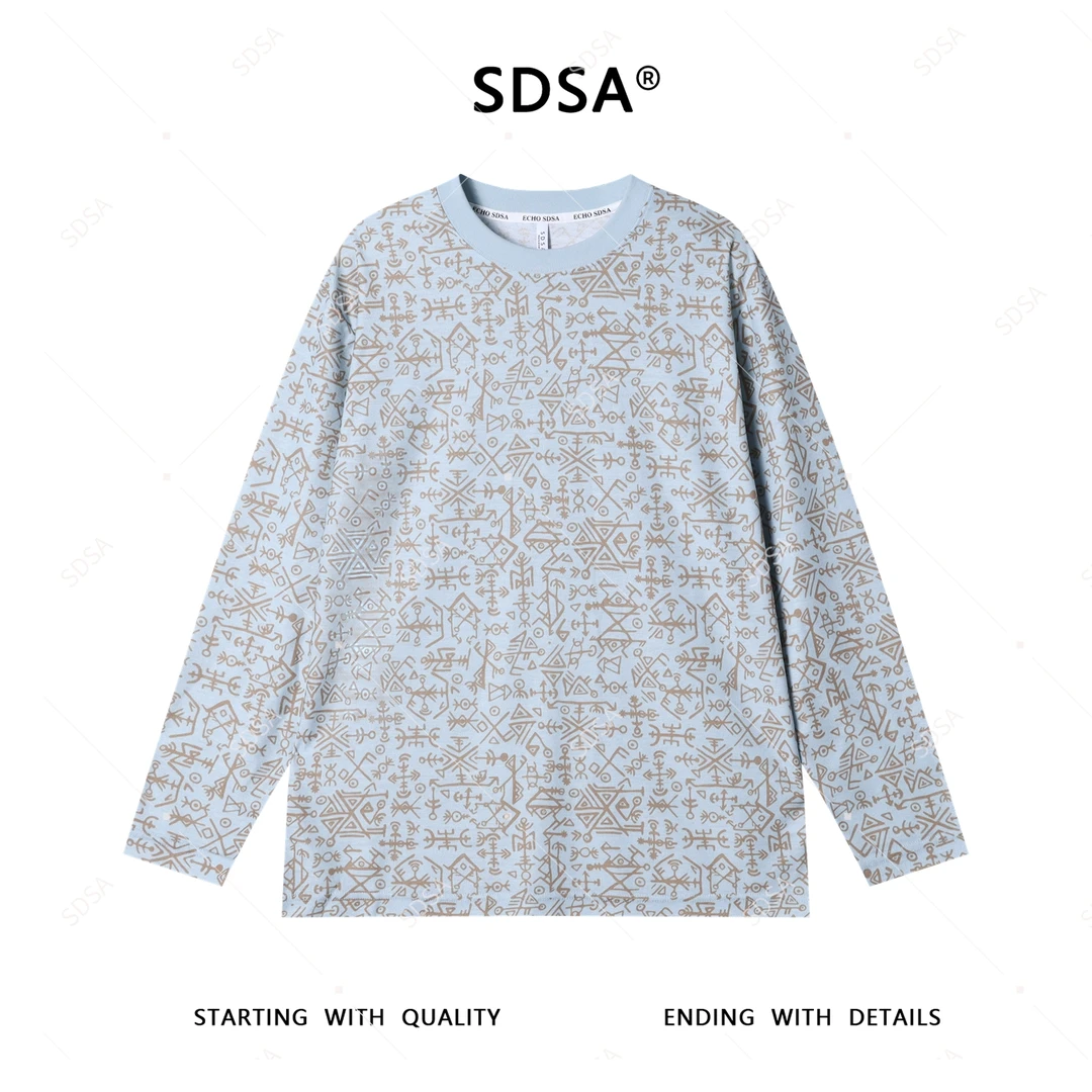 SDSA秋季新款男士痞帅美式满印撞色抽象图案长袖T恤时尚圆领上衣