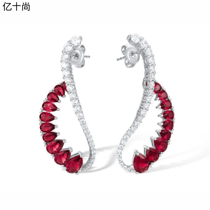 925银莫桑石耳饰 GRYSS 个性 音符祖绿鸽红银耳环不掉色 YJCY269