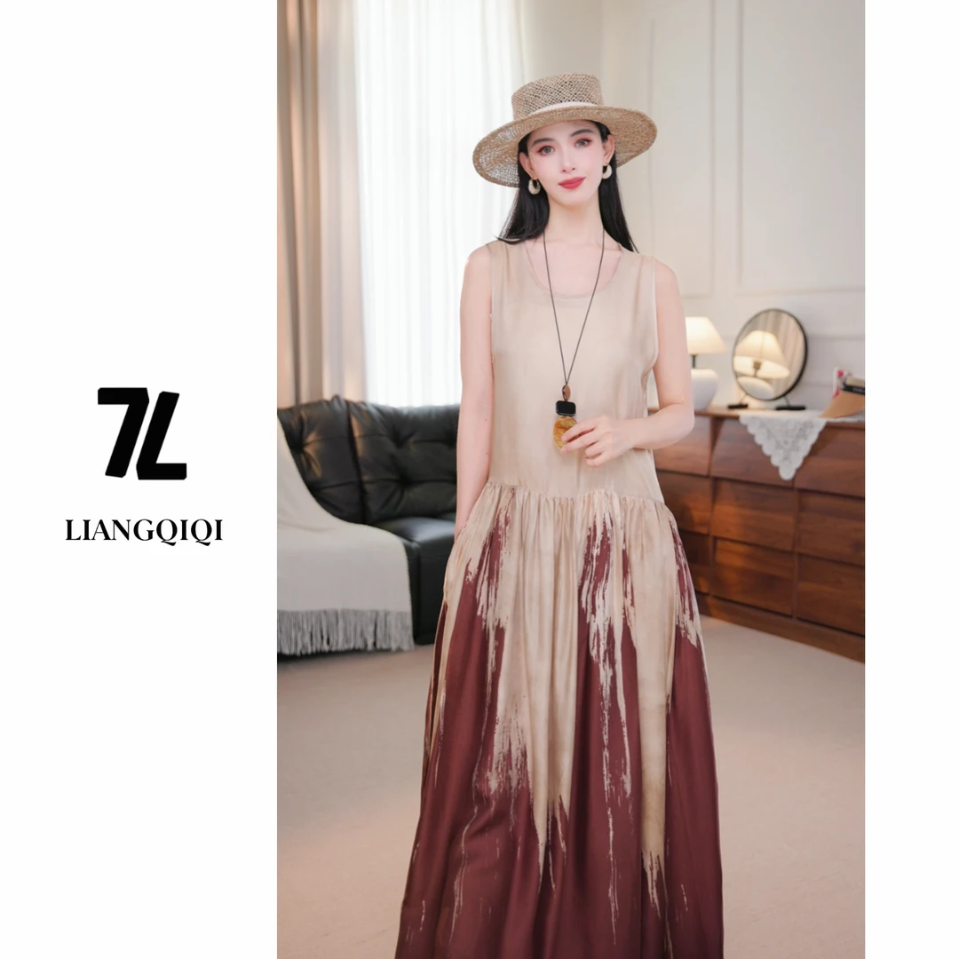 春夏新款风复古火烧云晕染渐变背心裙酒红色高腰气质吊带长裙2634