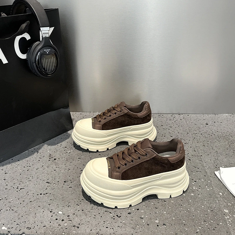 头层牛皮小个子增高厚底老爹鞋6CM真皮板鞋女春秋新款复古休闲鞋