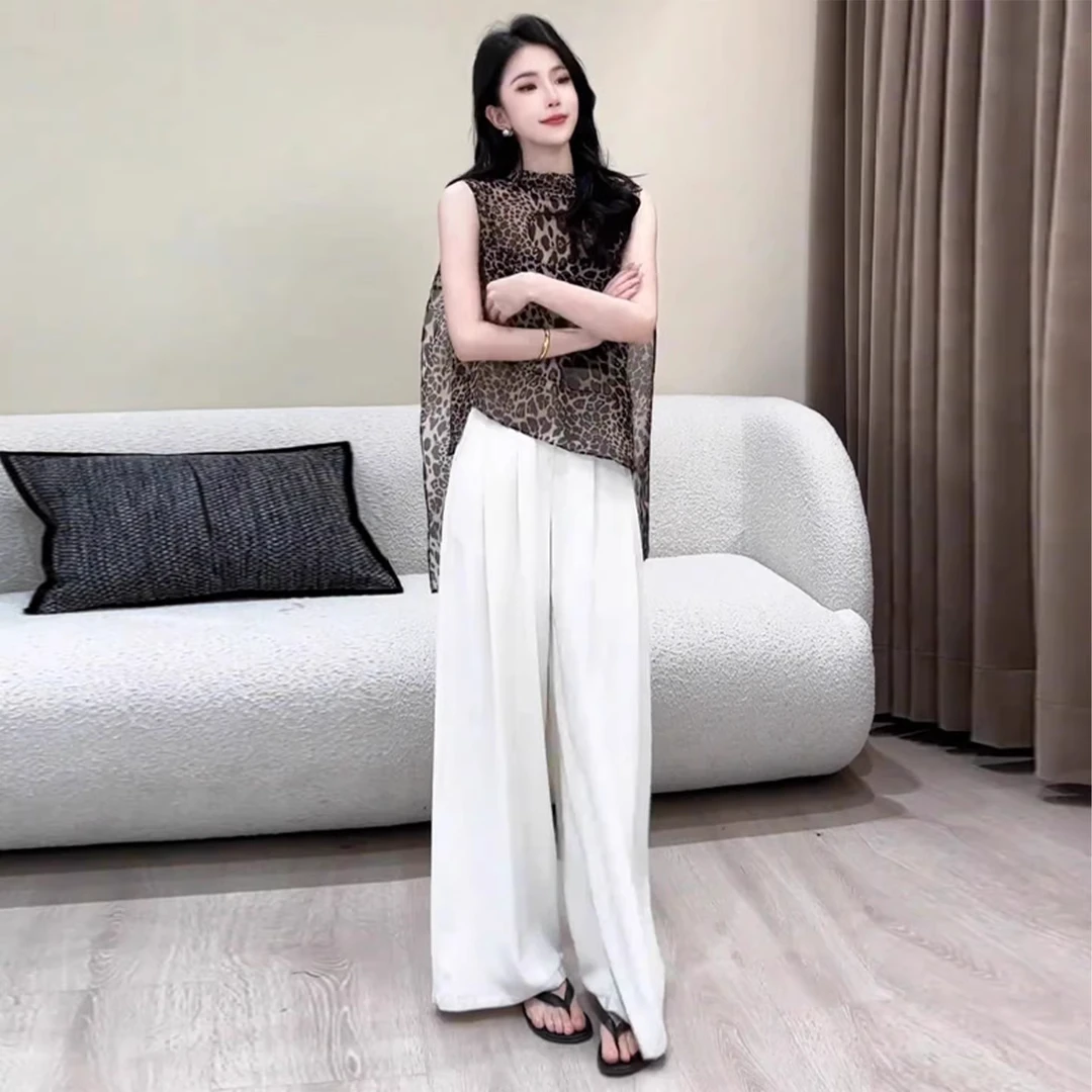 拉夏贝尔时尚洋气套装女2025夏季豹纹无袖衬衫高腰阔腿裤两件套