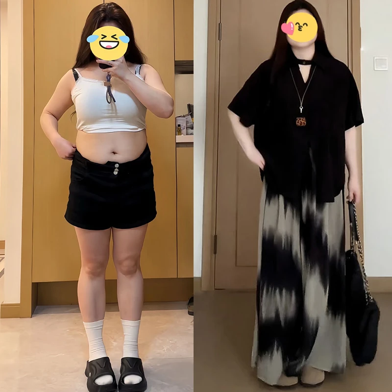 大码胖mm法式时尚设计感小众穿搭衬衫晕染宽松遮肉裤子女夏装套装