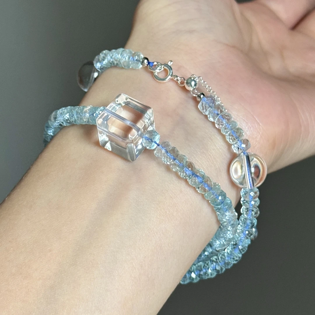 6mm天然原矿海蓝宝石手链水系算盘珠手串海蓝宝手串无处理无注胶