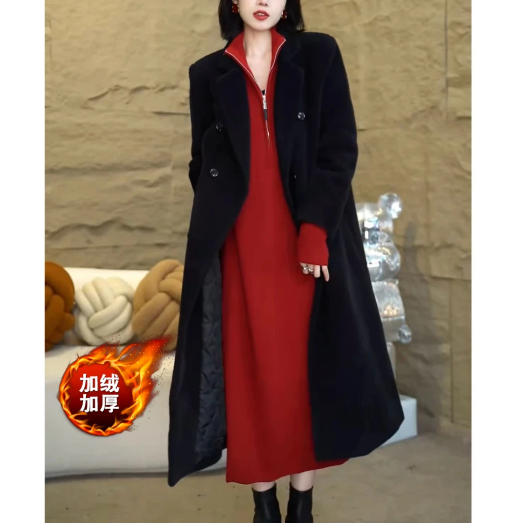 加绒加厚新年战袍半高领拉链针织连衣裙女内搭配大衣显瘦毛衣裙