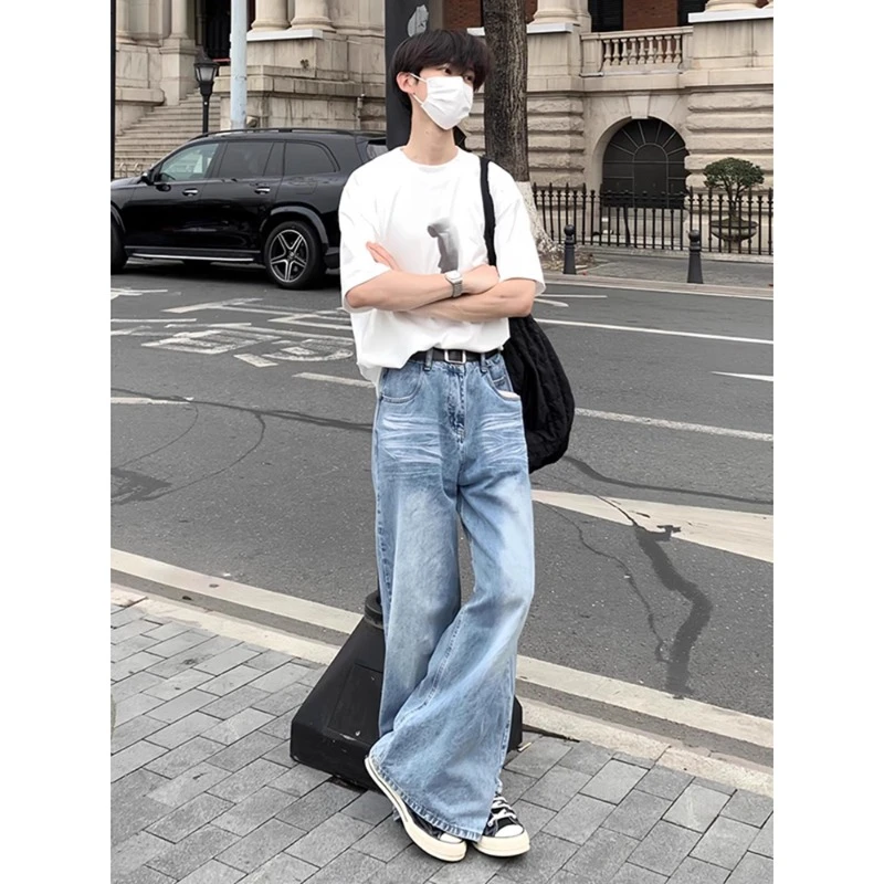 浅蓝色猫须纹微喇牛仔裤男款秋季高街vibe休闲裤子美式宽松阔腿裤