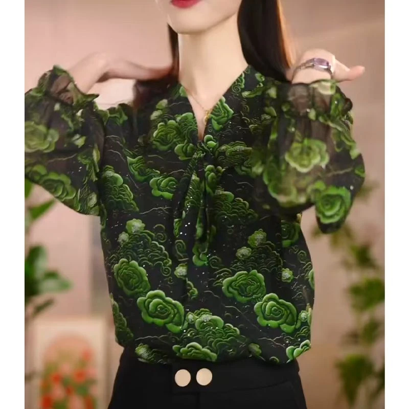 时尚夏新款法式七分袖衬衫独特别致宽松显瘦绿色印花洋气百搭小衫