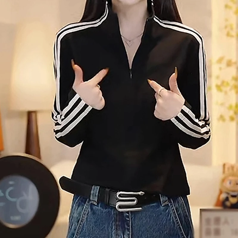 时尚气质修身棉质上衣女2025秋季胖mm美式撞色条纹立领半拉链卫衣