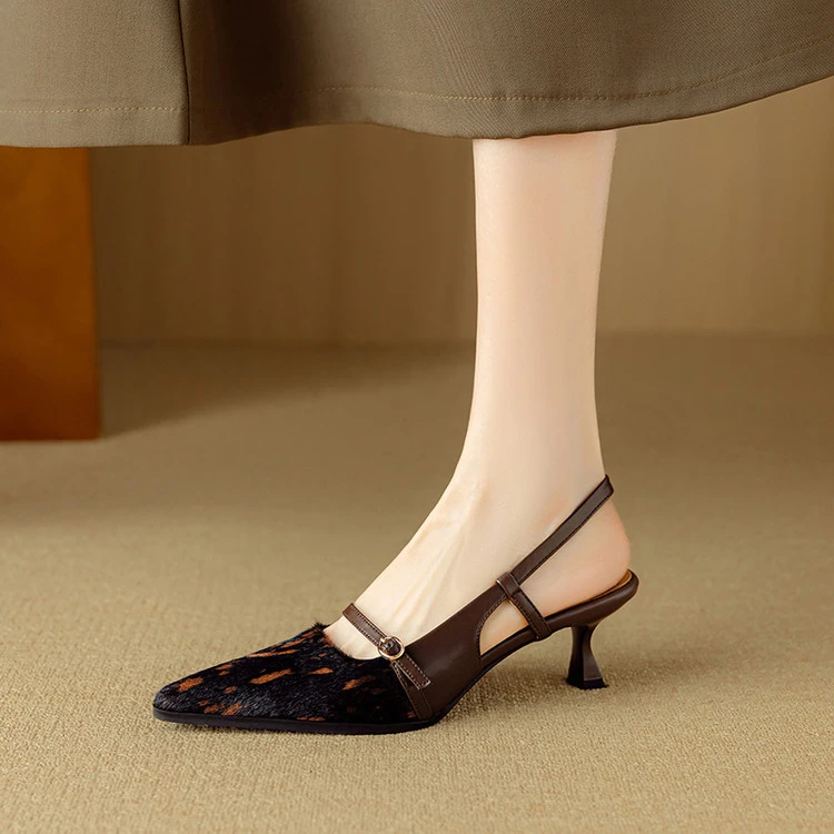 5.5cm牛皮时装鞋子春秋高跟鞋细跟马毛尖头后空单鞋2025新款爆款