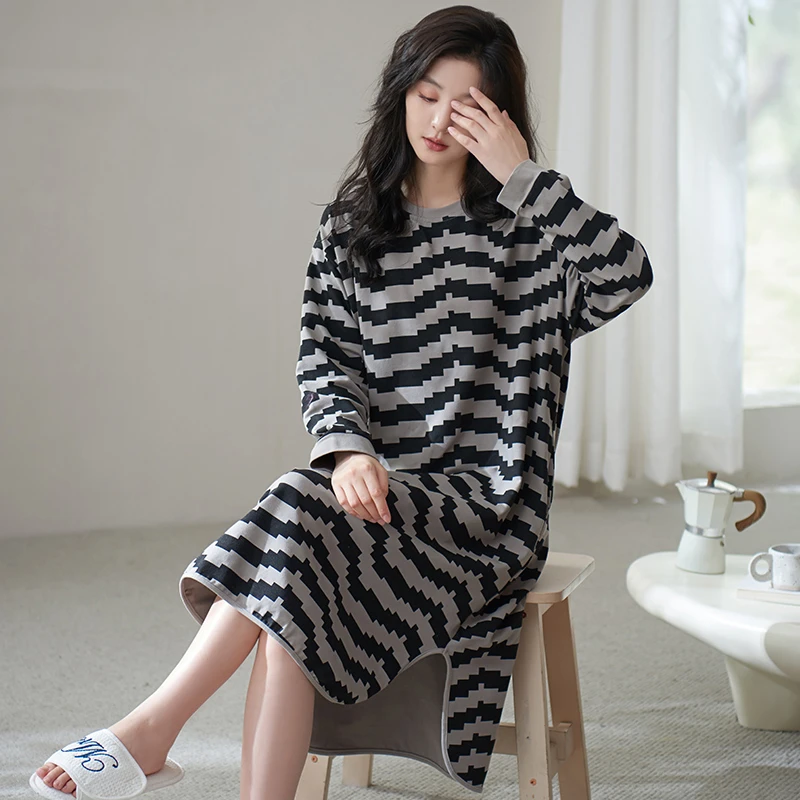 女士睡裙春秋款纯棉长袖条纹秋冬季2025年新款大码性感睡衣家居服