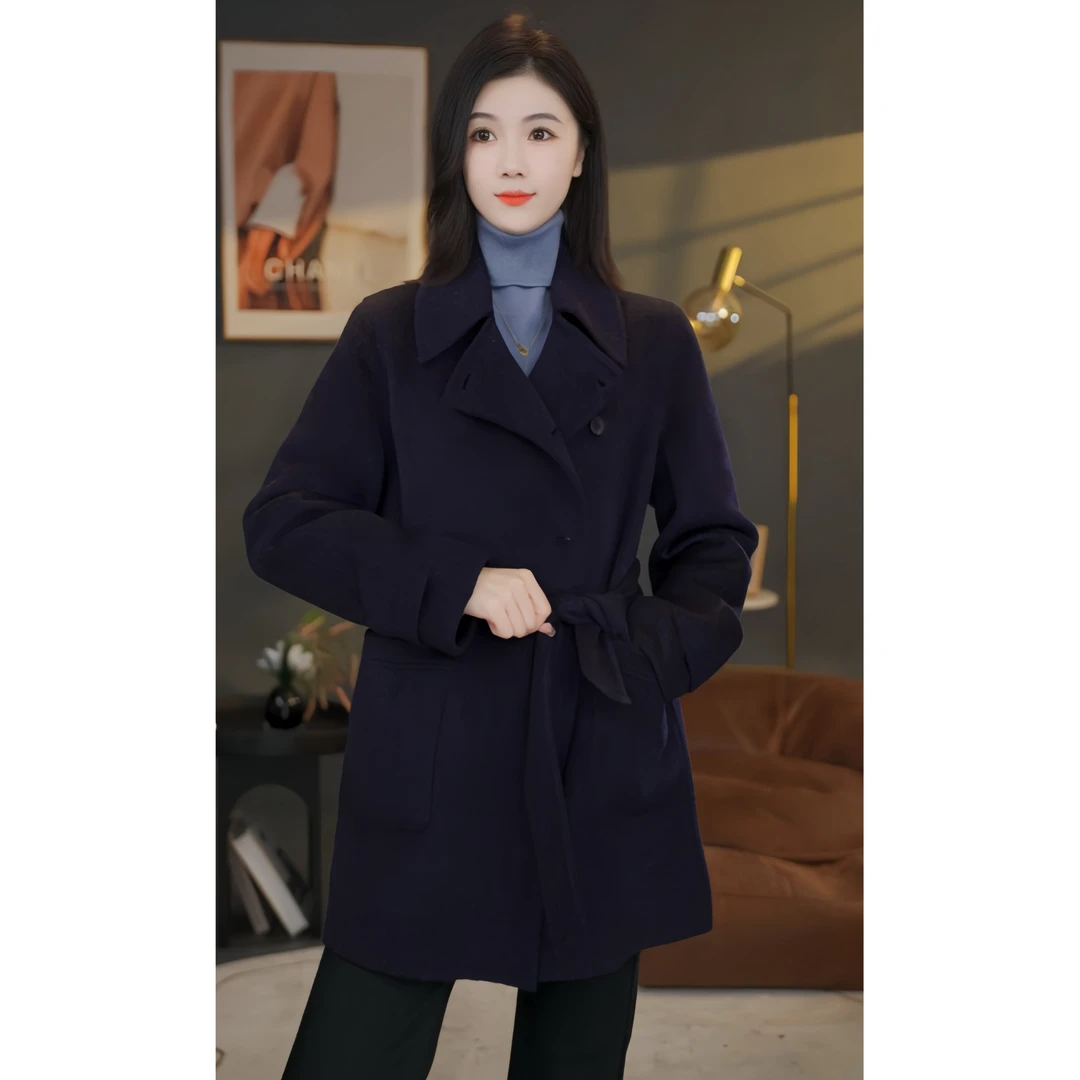 【杨杨专属】曼贝8584434深墨蓝双面羊绒大衣高端时尚百搭羊绒外套