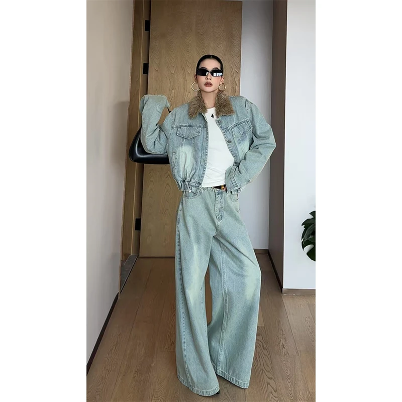 【时光独白】毛绒翻领加厚外套+阔腿长裤两件套装