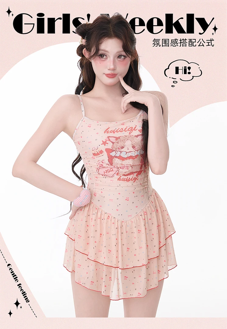 汇斯淇吊带时尚可爱连体碎花小裙温泉度假连体泳衣