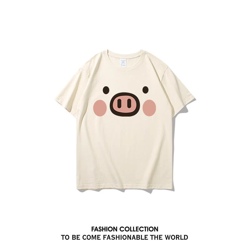 夏季儿童纯棉短袖可爱猪猪国潮复古趣味卡通印花2025新款宽松半袖