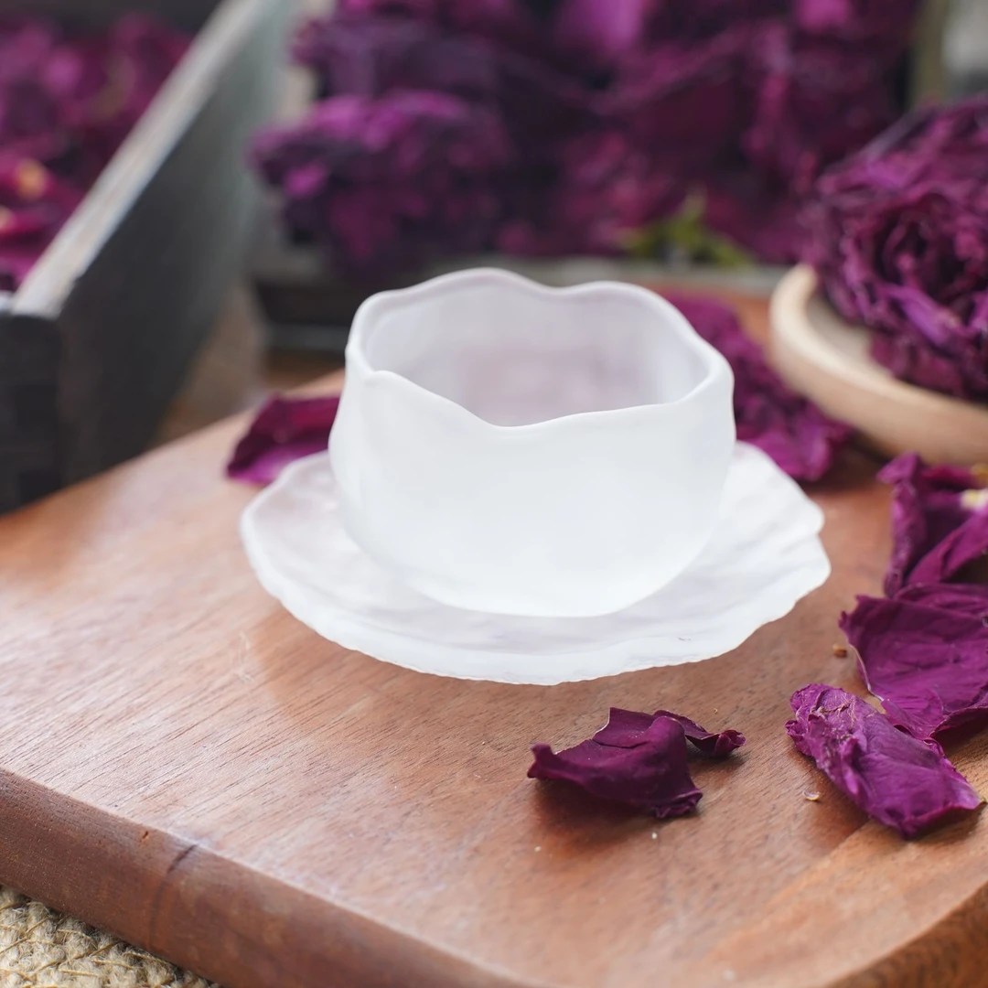 品茗滇-云南冻干墨红玫瑰专用磨砂透明品茗杯杯子加杯垫一套