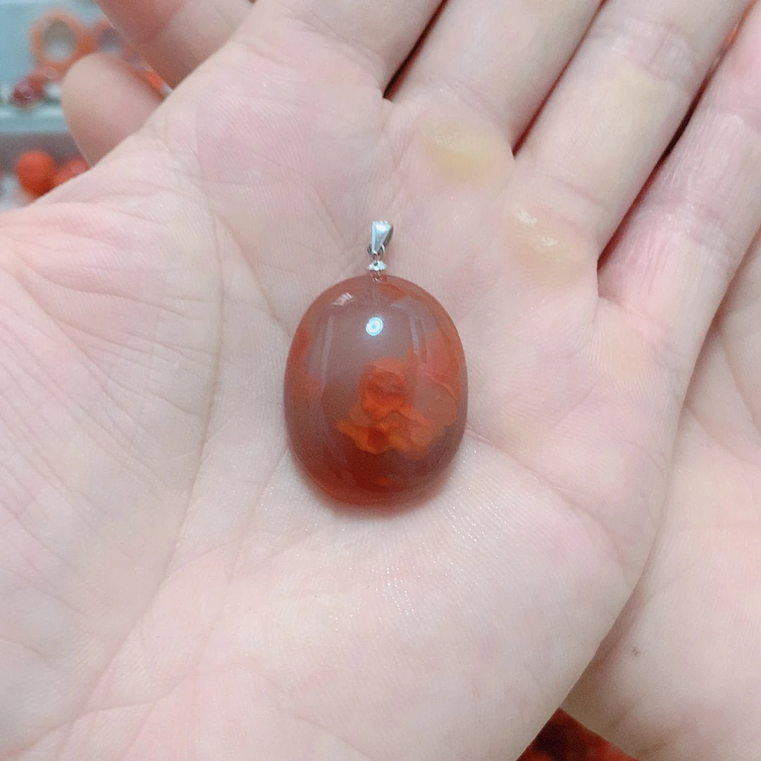 高***花南红玛瑙银S925镶嵌吊坠(不含链)