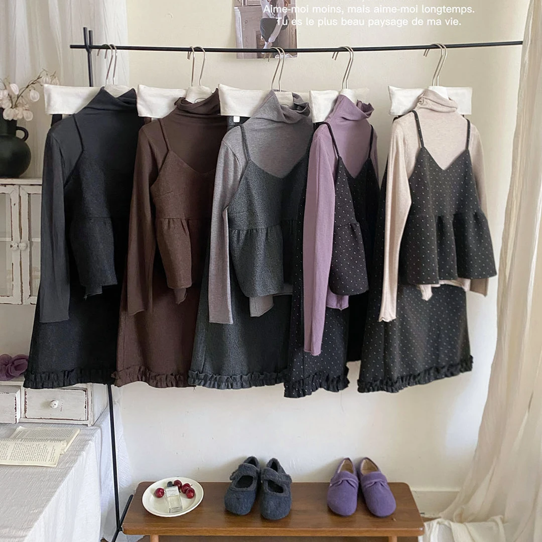 法式叠穿羊毛呢木耳边半身裙套装女冬打底背心吊带净版波点三件套