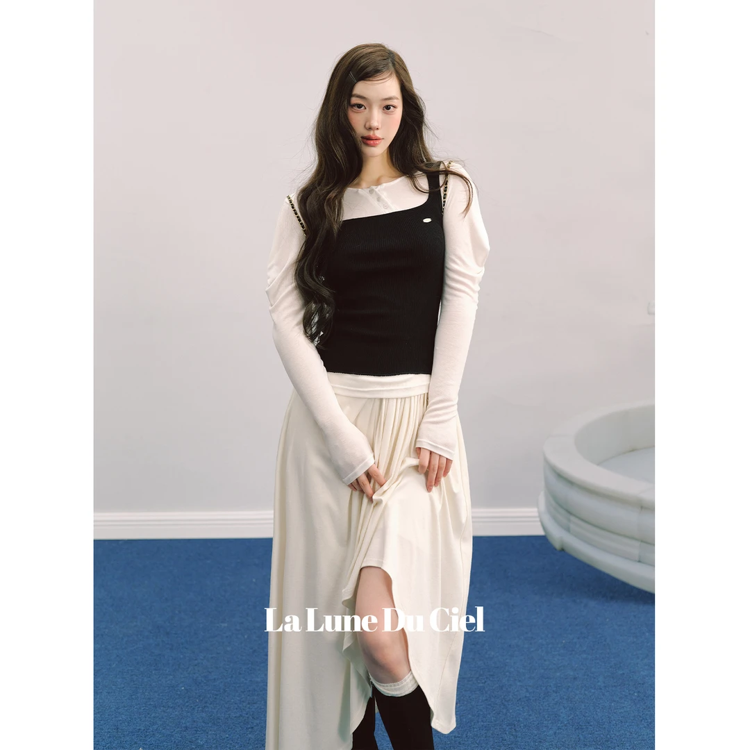 【LaluneDuCiel】塞纳河叙事 简约方领修身叠搭针织吊带背心上衣女