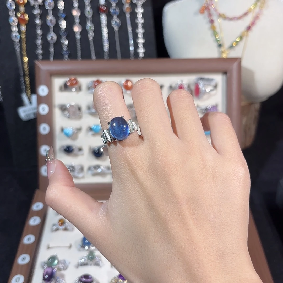 黑***姬银S925镶嵌烟晶戒指海蓝宝