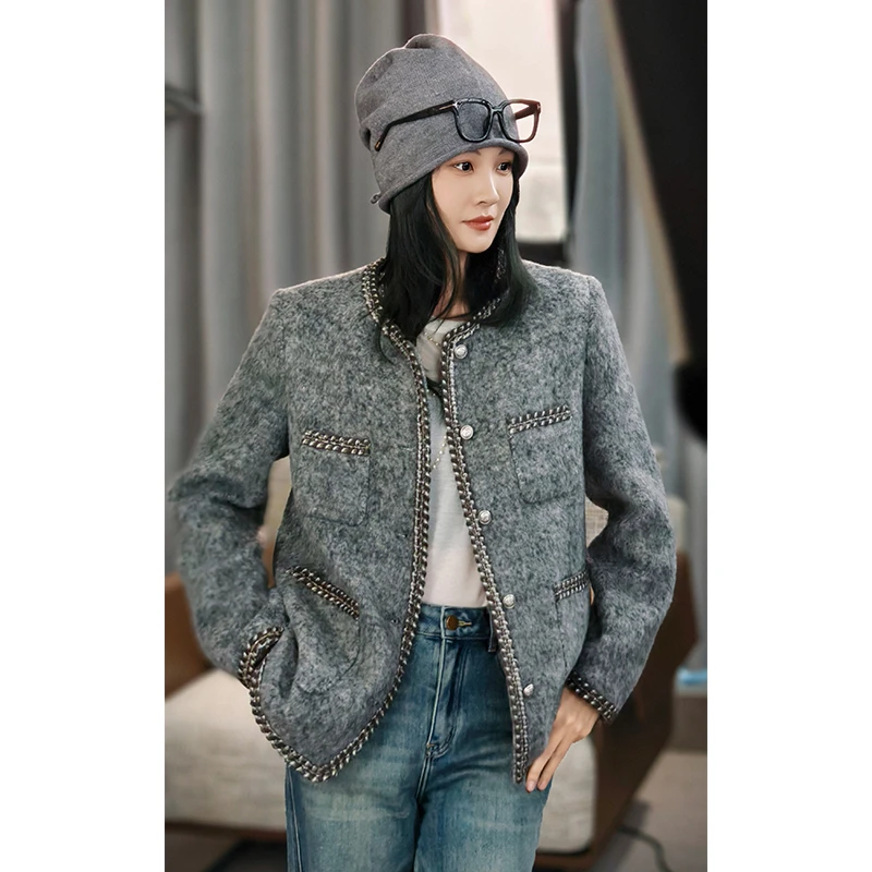 美洋MEIYANG 香缇卡小香外套 绵羊毛混纺_粗花呢圆领织带宽松上衣