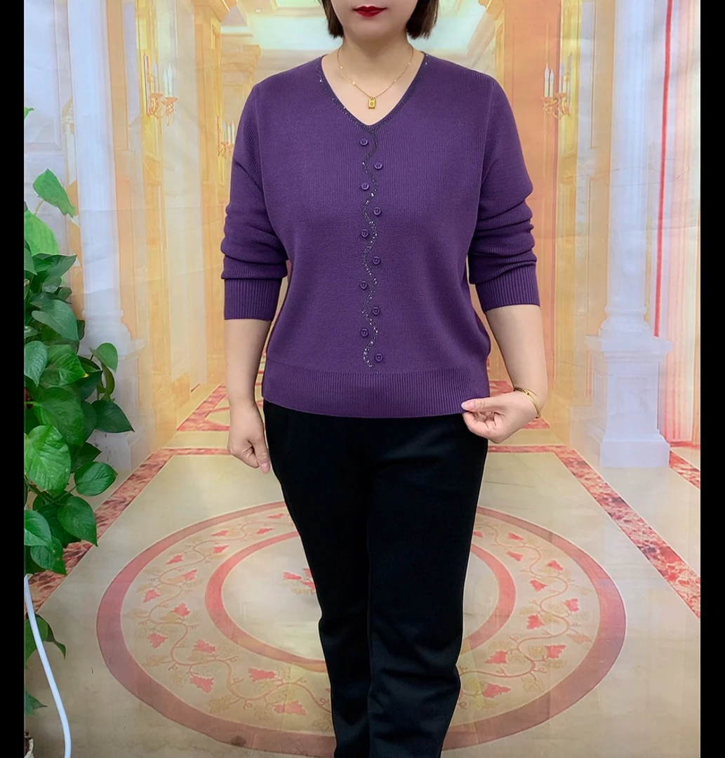 V领波浪钻多扣针织衫