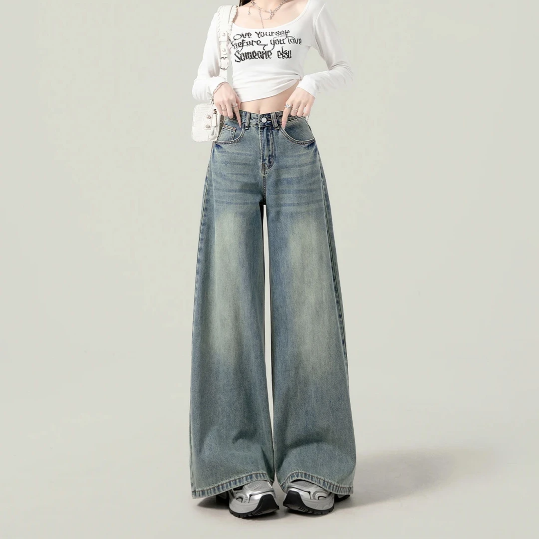 梨型身材浅色阔腿牛仔裤女2025秋冬新款大码胖mm宽松垂感拖地裤子