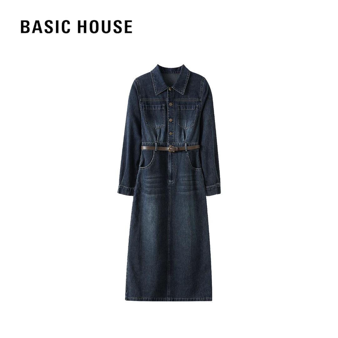 百家好秋季新款时尚显瘦翻领长袖连衣裙女轻奢气质百搭牛仔长裙